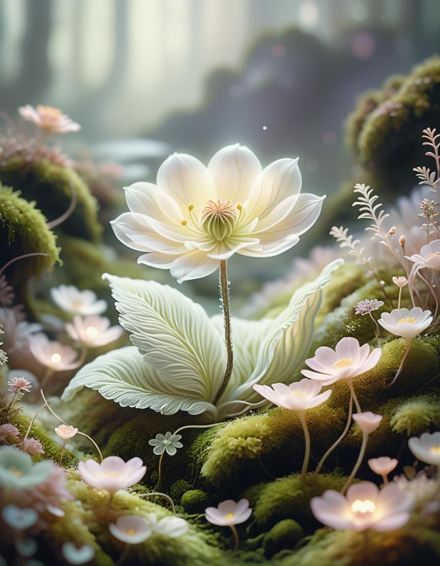 Pastel Flower Unfurling from Luminous Moss Bed