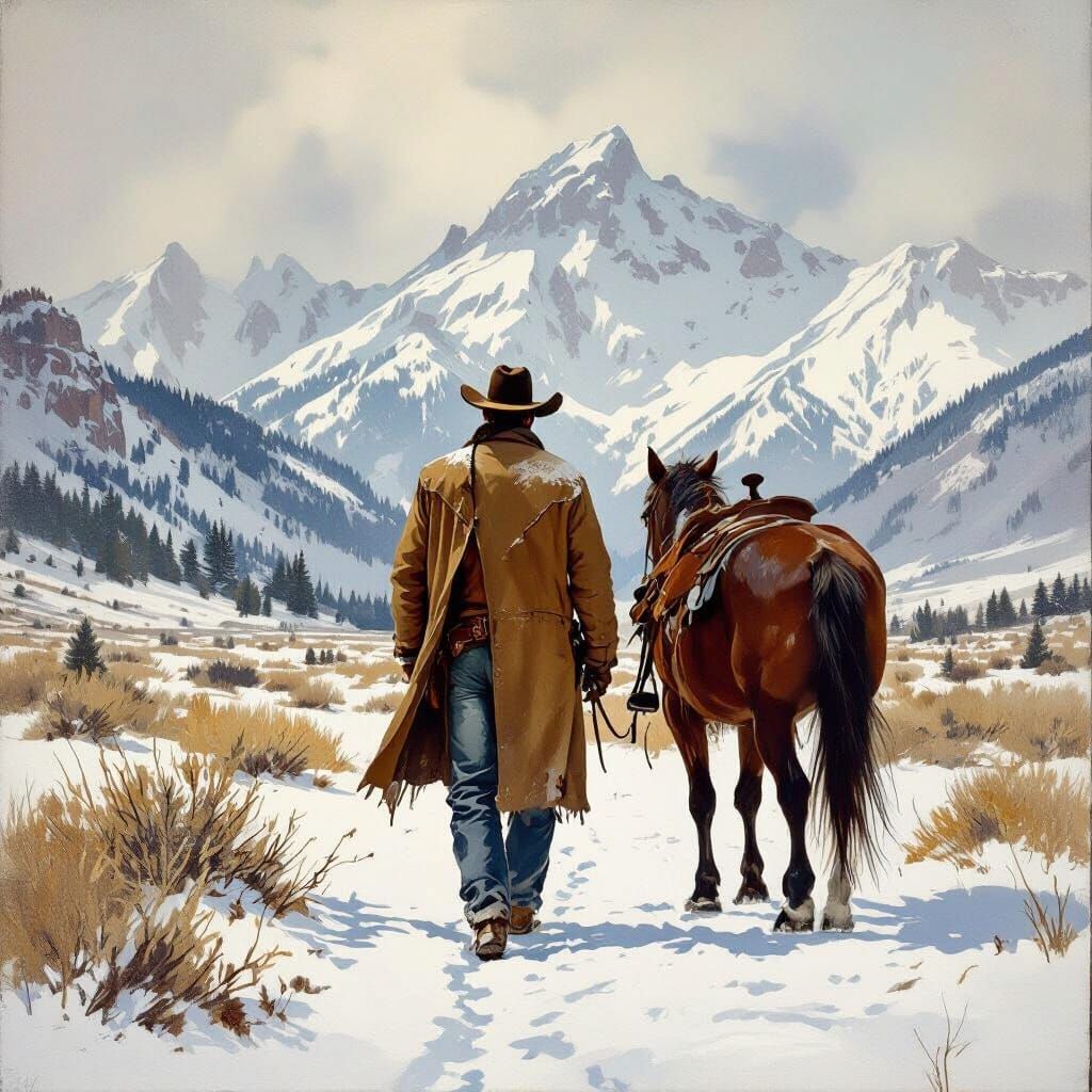 Cowboy and Horse in Snowy Mountain Landscape