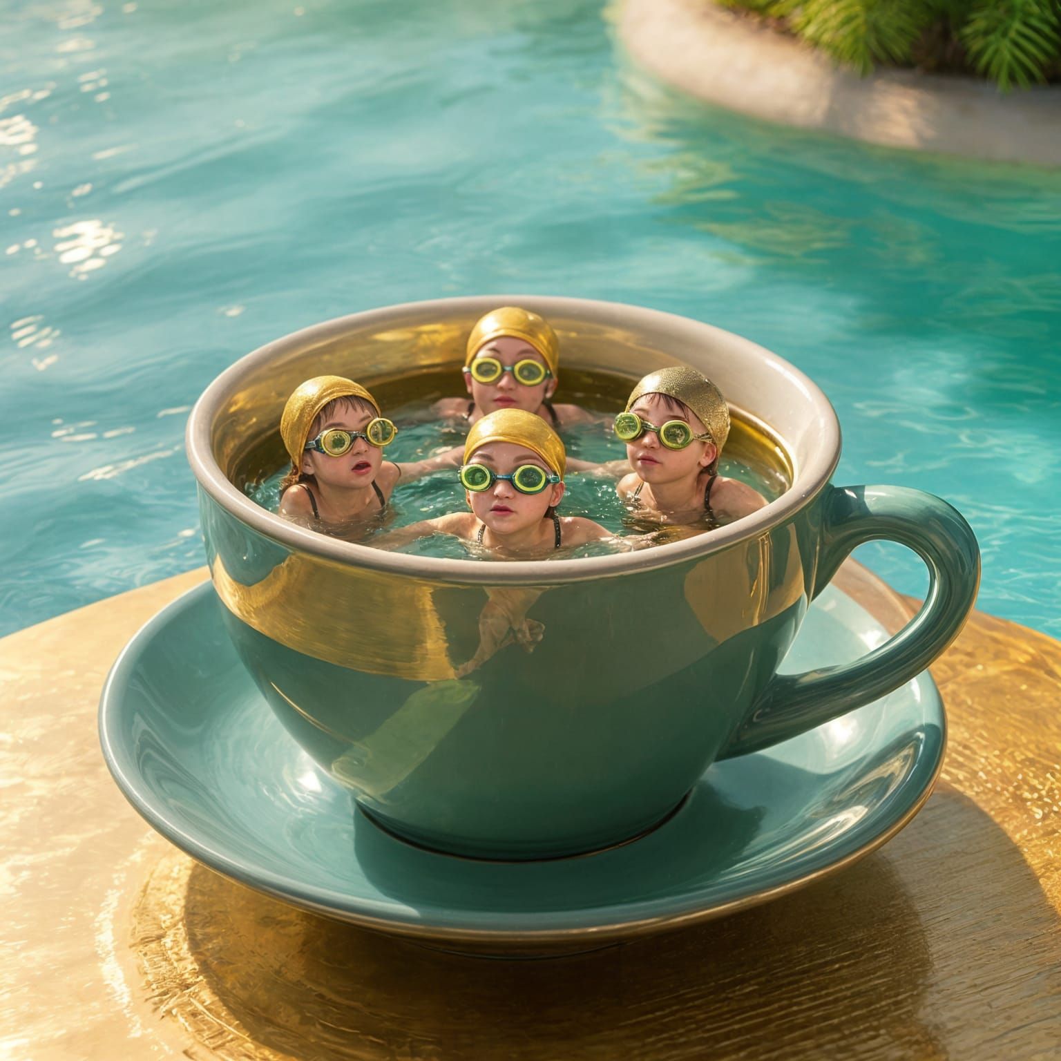 Realistic Coffee Cup with Miniature Swimmers