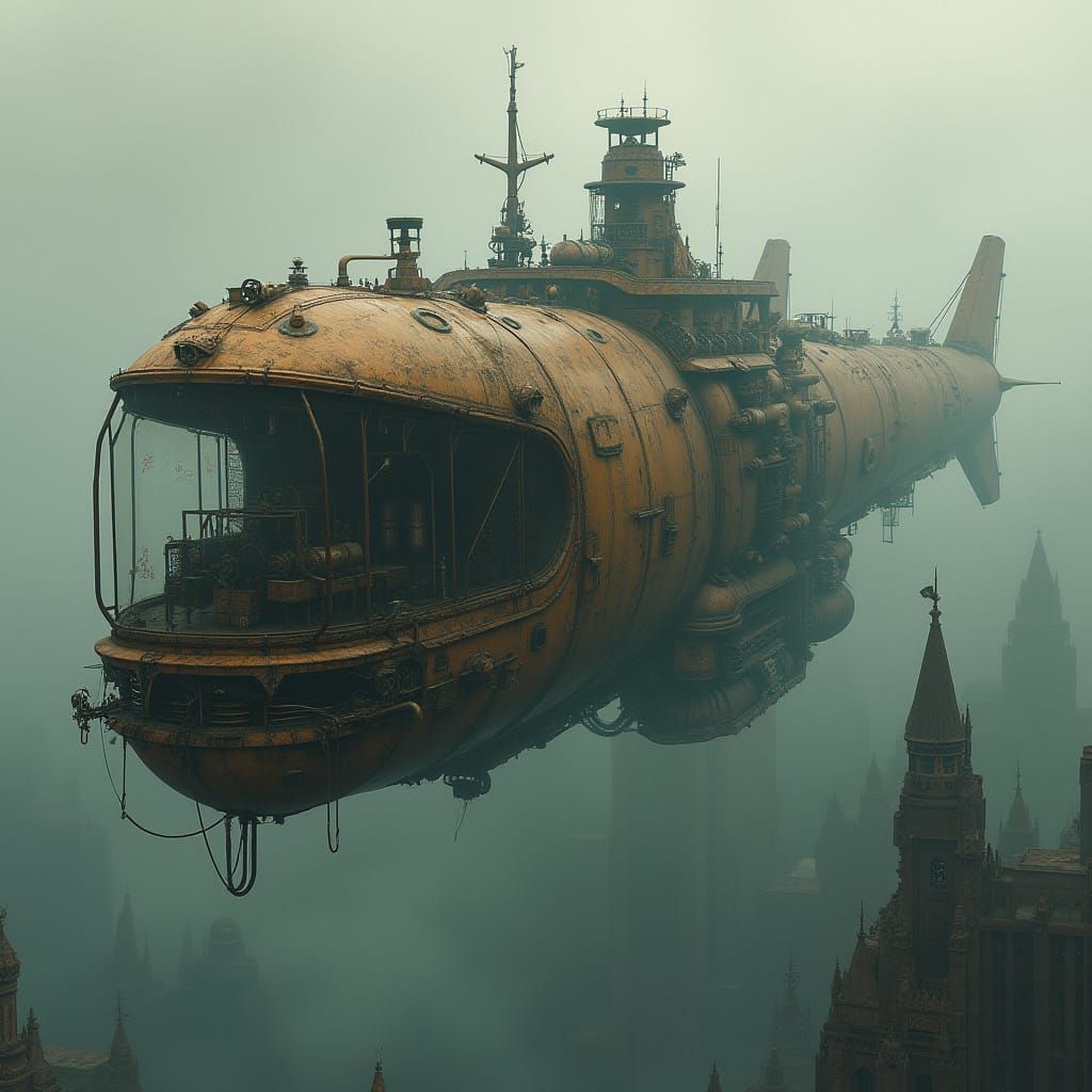Dieselpunk Submarine Soaring Above Smoggy Metropolis