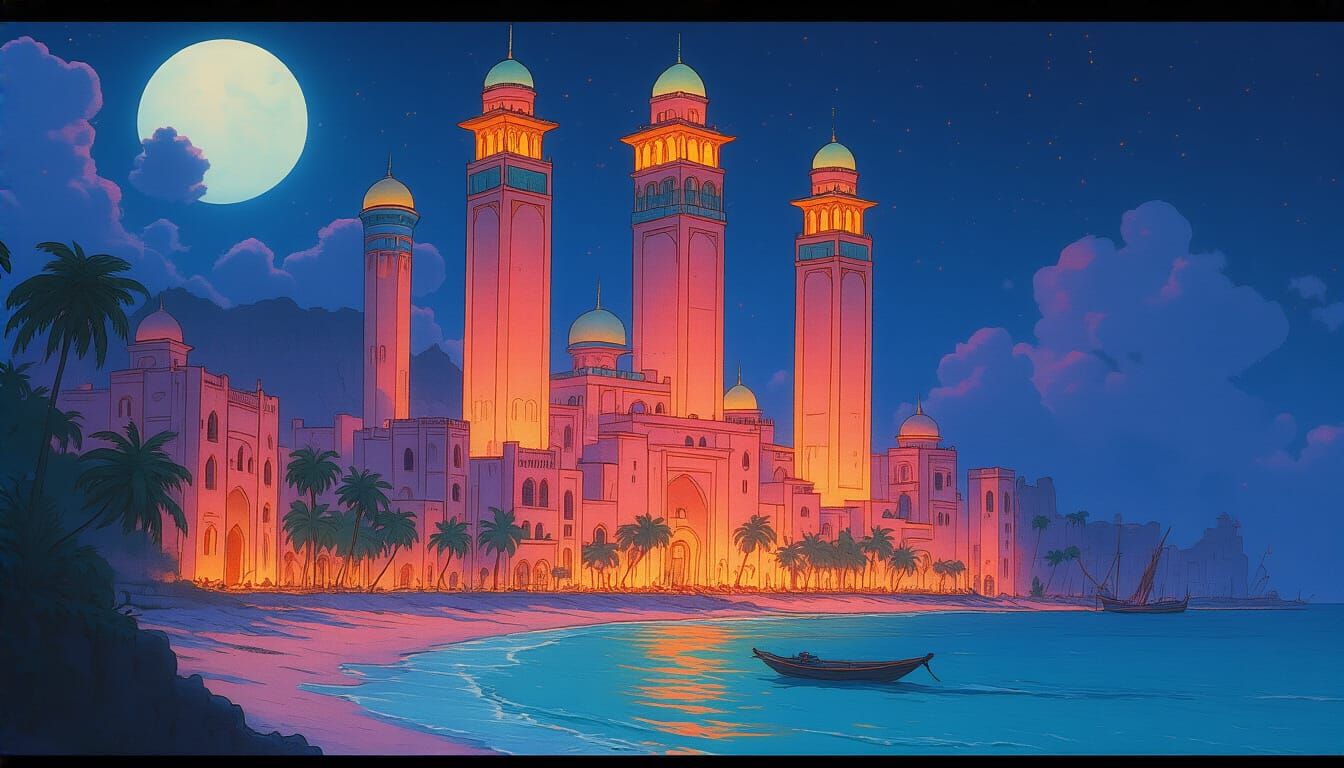 Arabian Fairytale Port City in 80s Anime Style