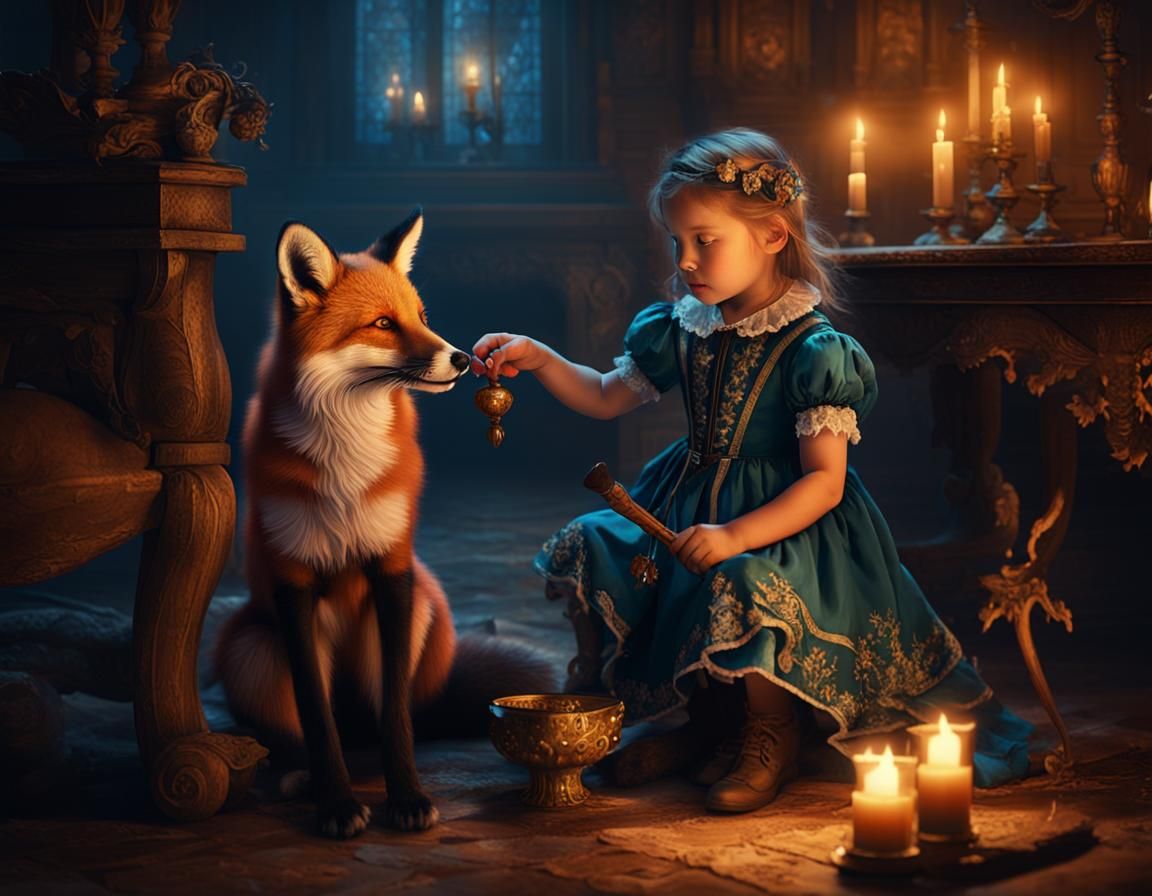 Girl and Fox by Candlelight: Detailed Matte Painting