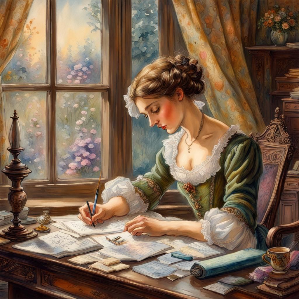 Victorian Woman Writing Letter in Watercolor Style