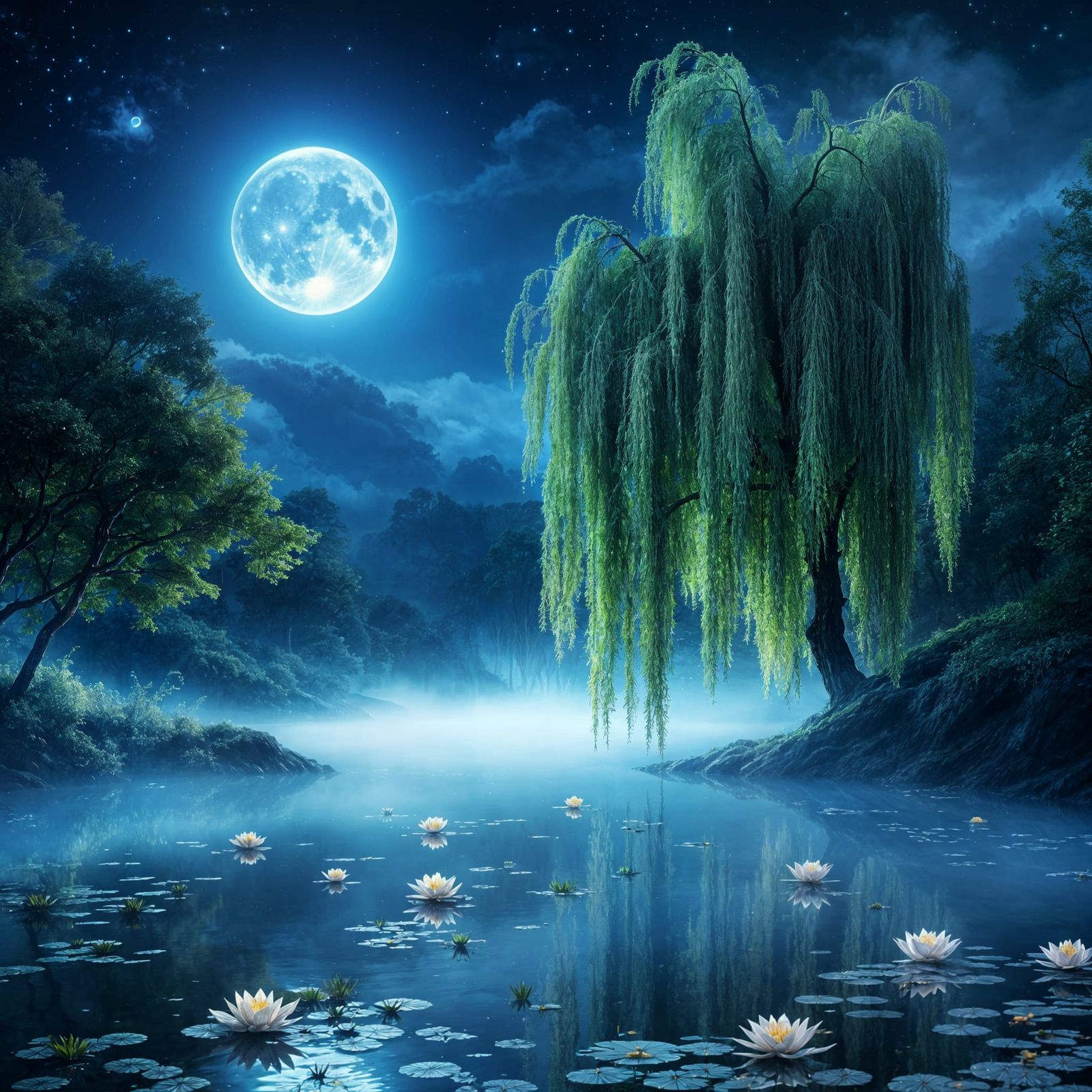 Epic Willow Dance Under Blue Full Moon in Forgotten Forest