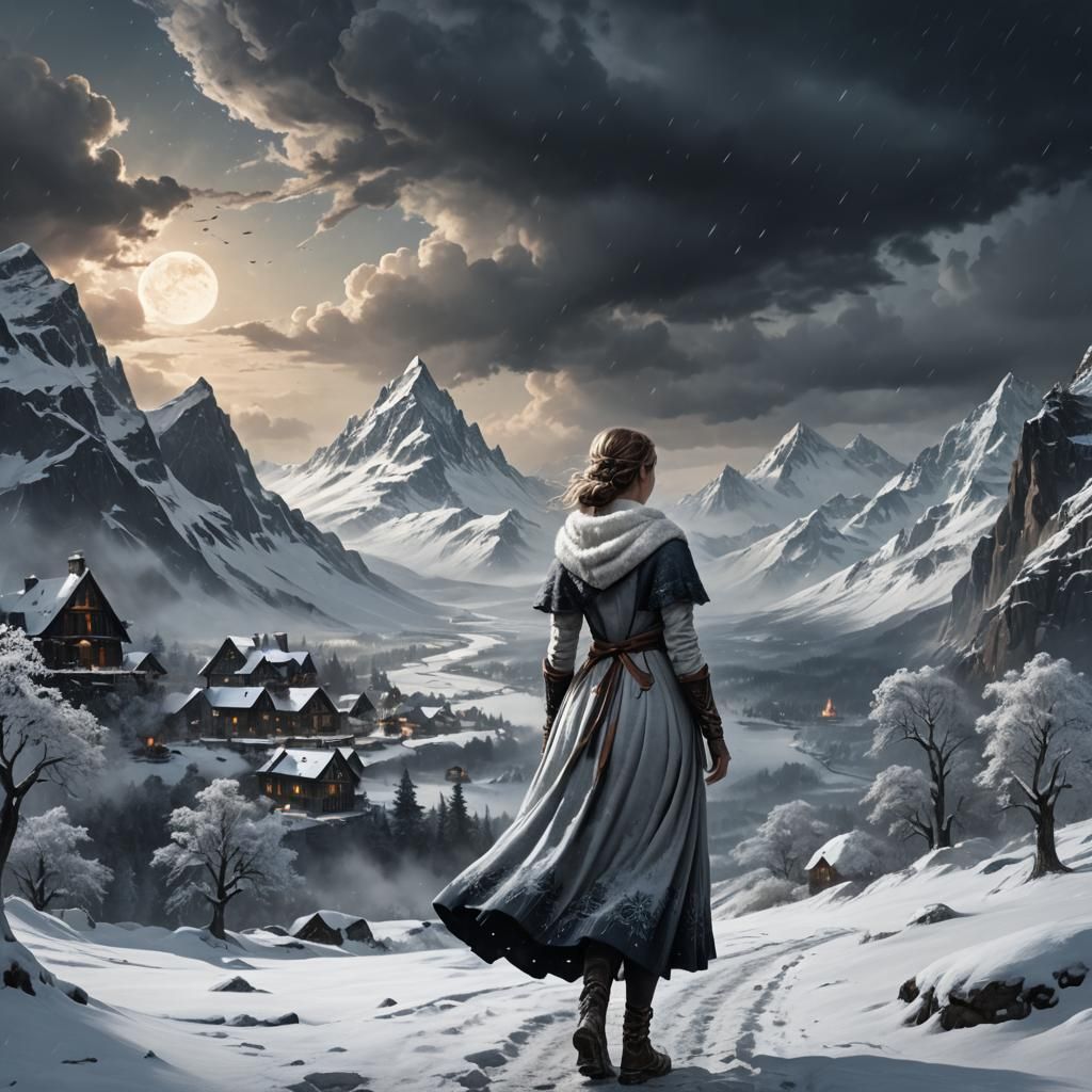 Woman Chasing Snowman in Dark Fantasy Landscape