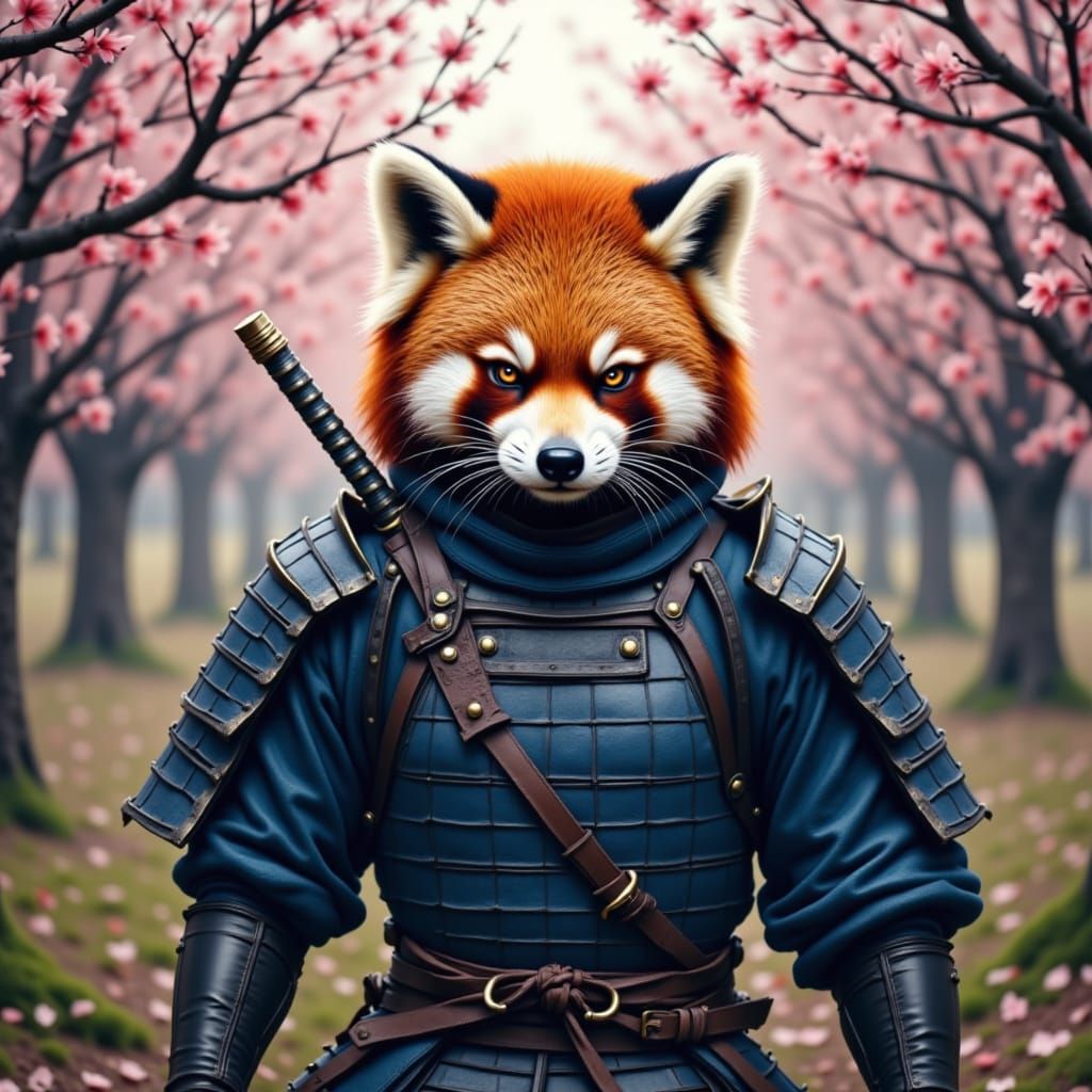 Samurai Red Panda Guardian in Cherry Blossom Orchard