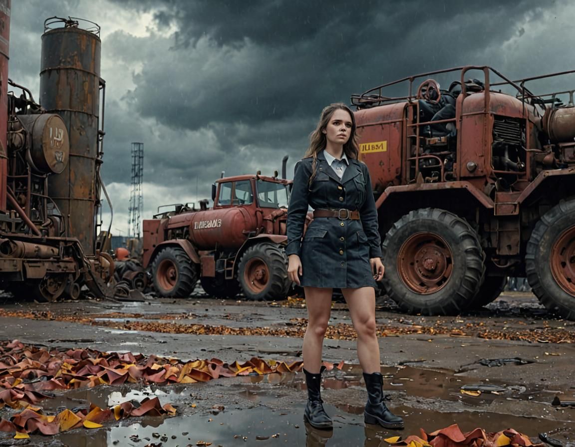 Dieselpunk Girl in Industrial Factory with Tractor
