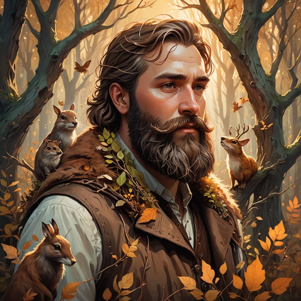 Fantasy Portrait: Man with Woodland Critters in Beard