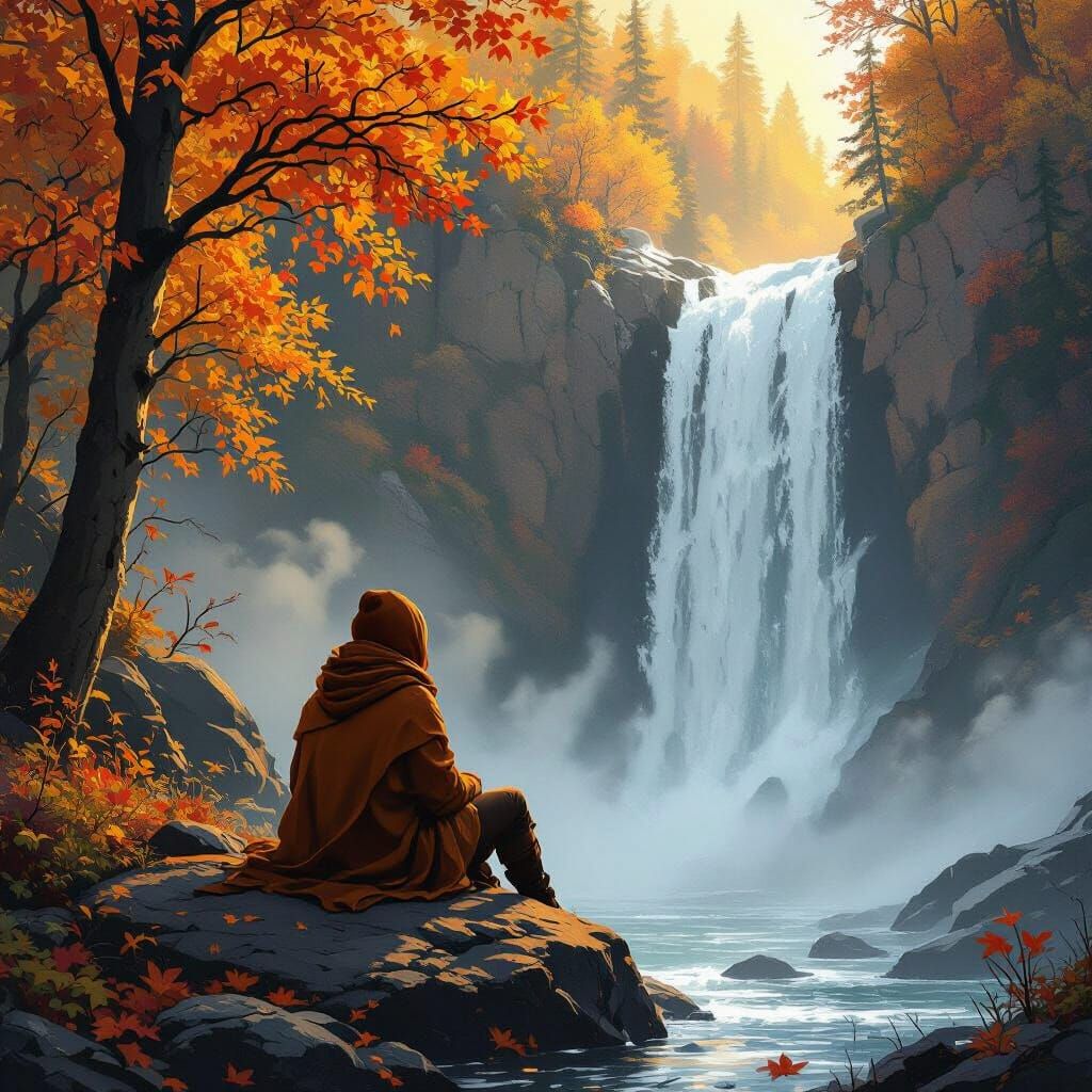 Lone Traveler by Autumn Waterfall in Concept Art Style