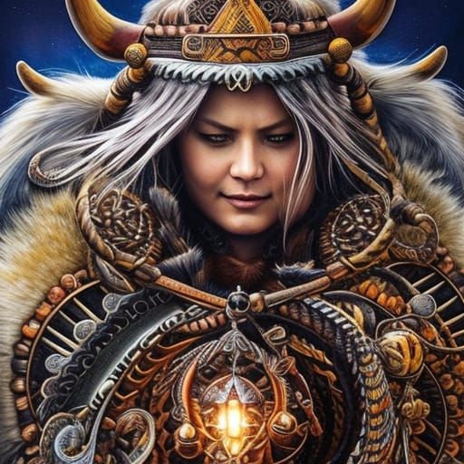 Viking Shaman Portrait in Detailed Black Ink