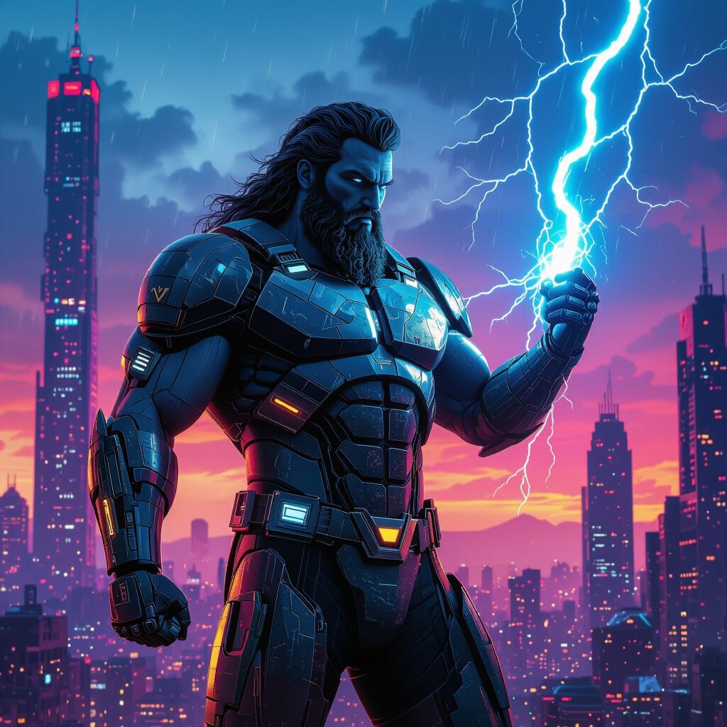 Cyberpunk Zeus Wields Lightning in Dystopian Cityscape