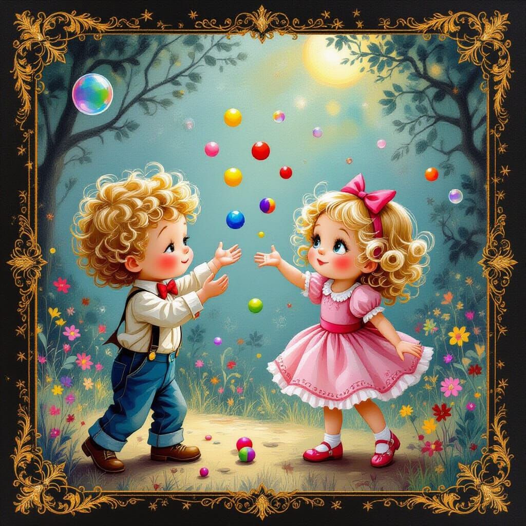 Children Playing in Surrealist Dreamscape as Oil Painting