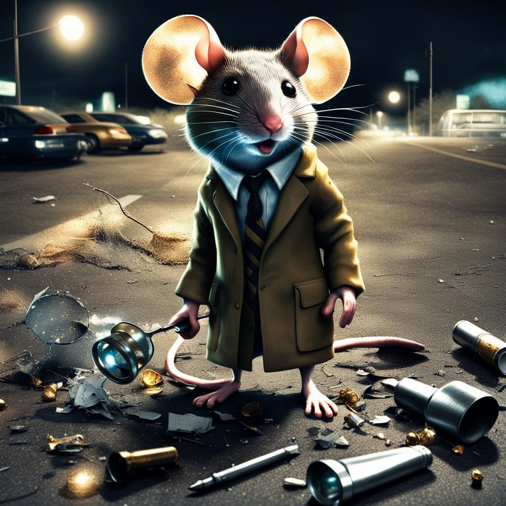 Hyperrealistic Mouse Detective Investigates Crime Scene