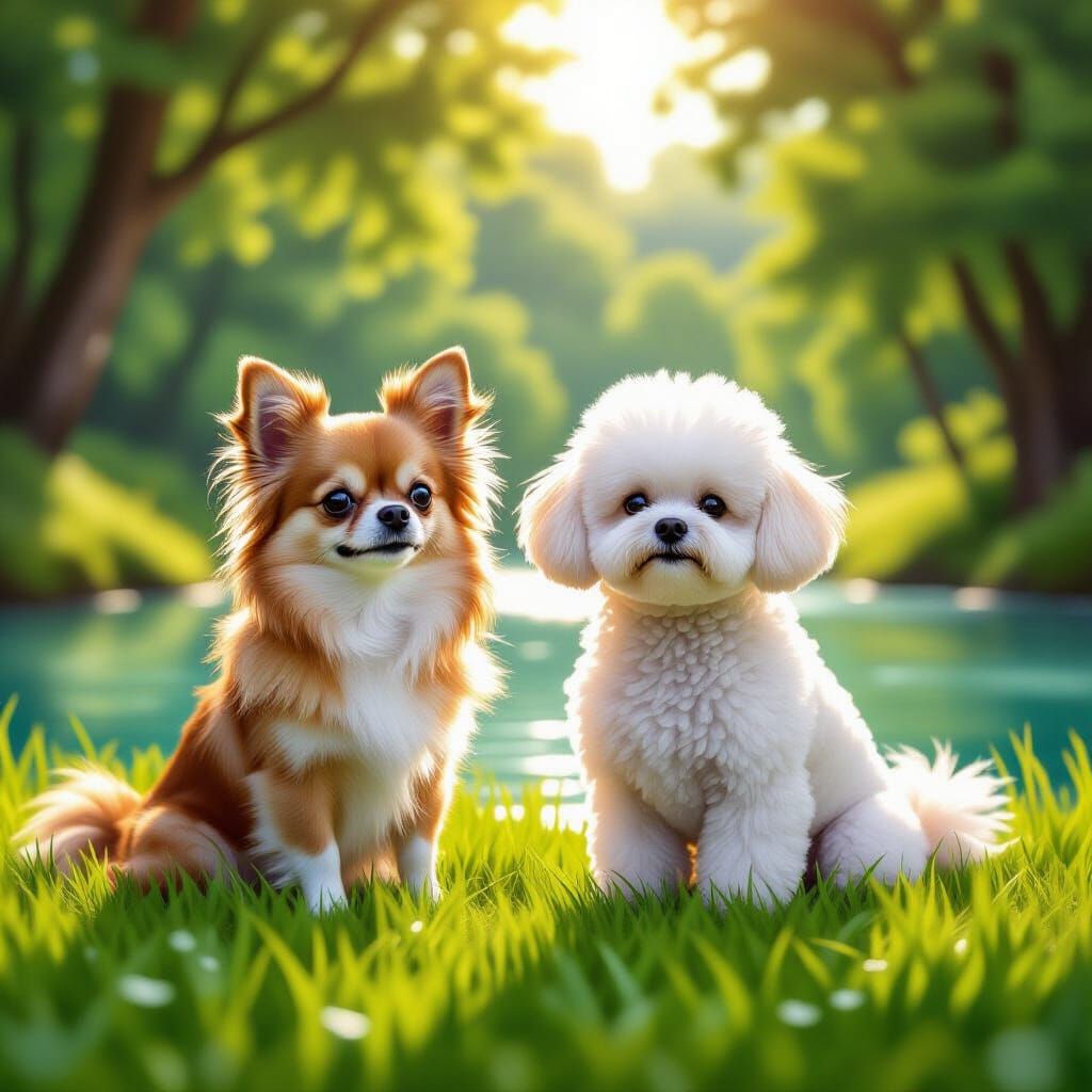 Chihuahua and Bichon Frise by River in Soft Sunlight