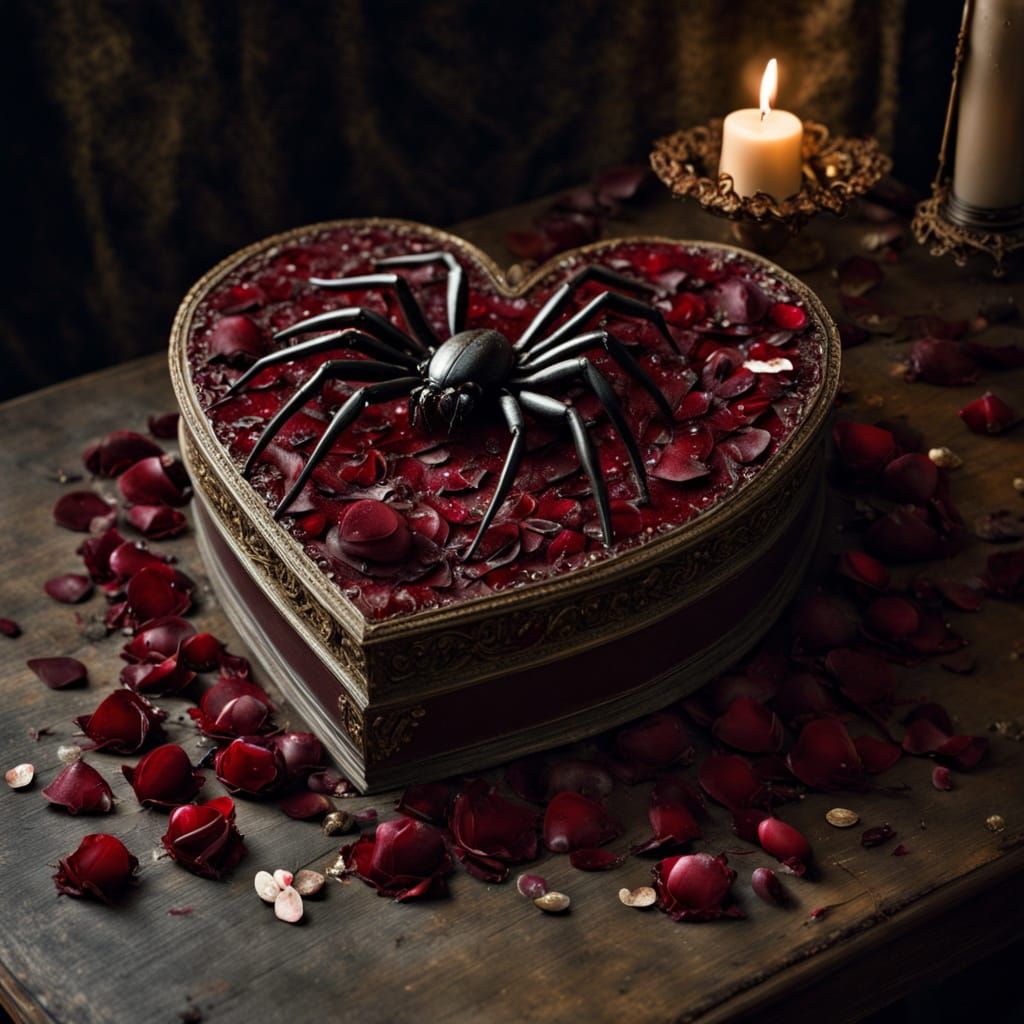 Jeweled Spiders Spill From Heart Box: Horror Scene