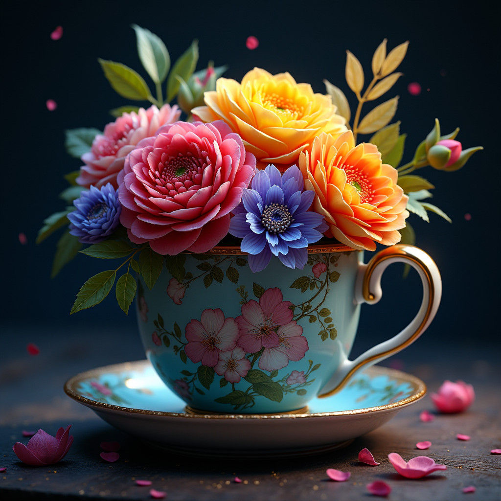 Fantasy Flowers Overflowing from Teacup: Dark Realism