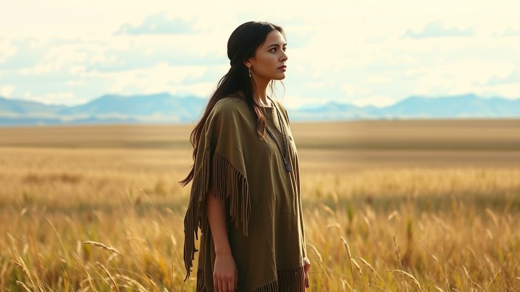 Native American Woman Contemplates Serene Grassland Plain