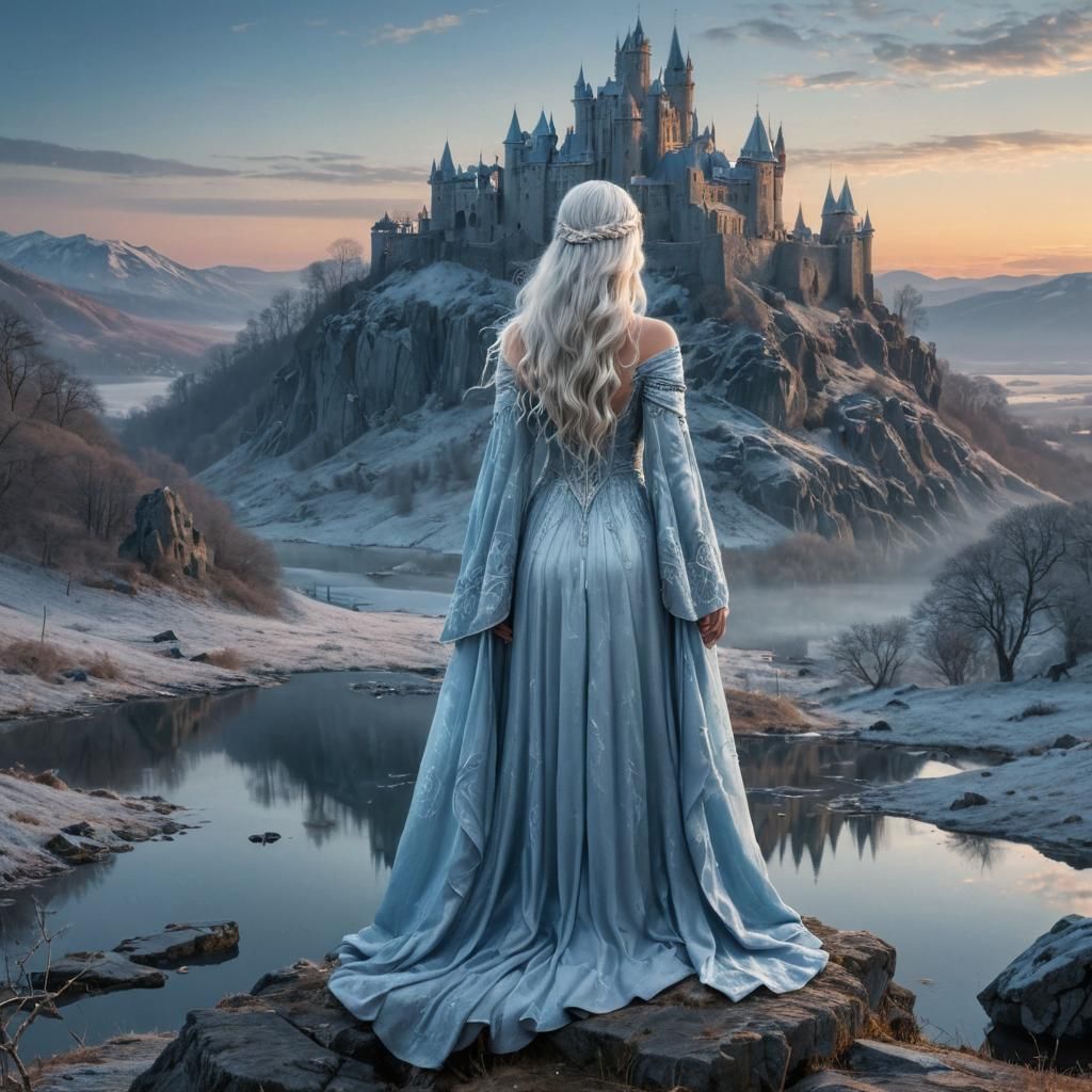 Ethereal Goddess in Ruined Castle, Romantic Landscape