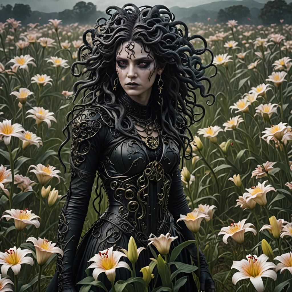 Gothic Medusa in Lily Field: Digital Matte Painting