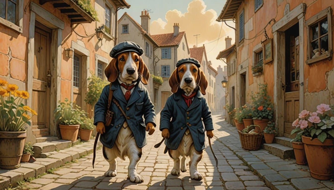 Whimsical Portuguese Village Scene with Basset Hound