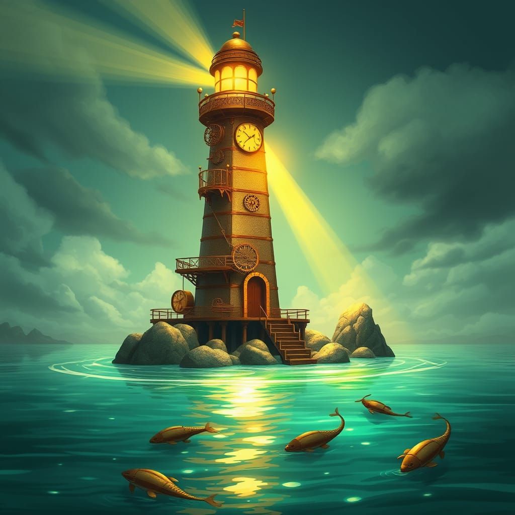 Steampunk Lighthouse Illuminates Lagoon with Clockwork Gears