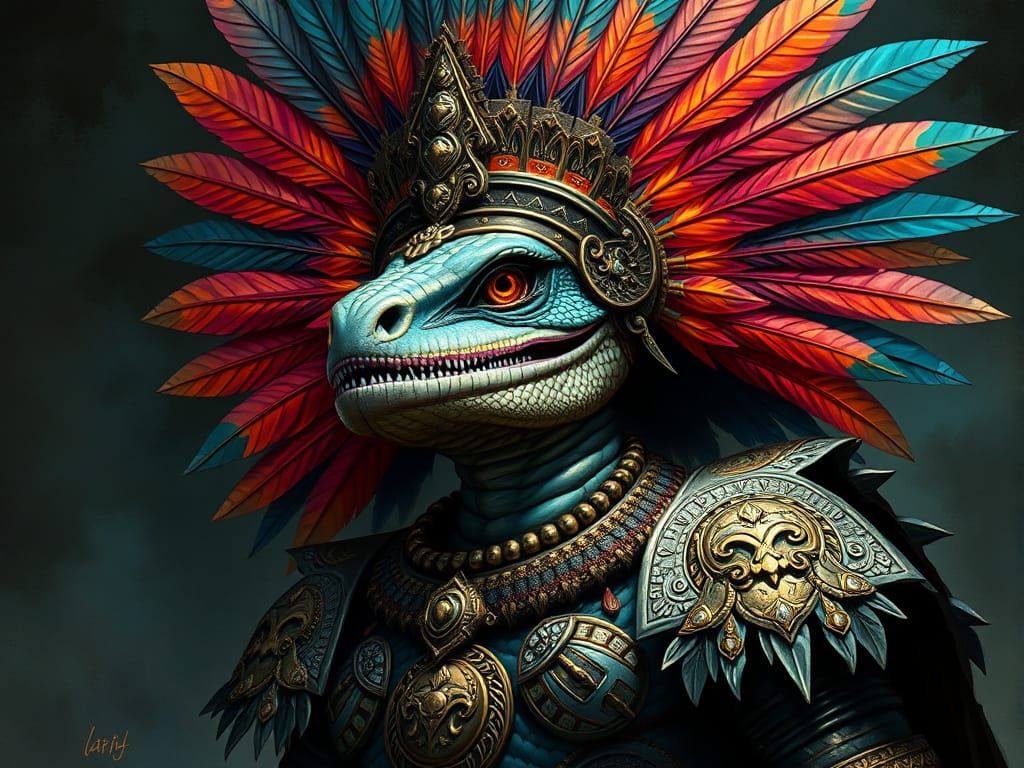 Aztec Reptilian God-Emperor with Prismatic Plumage