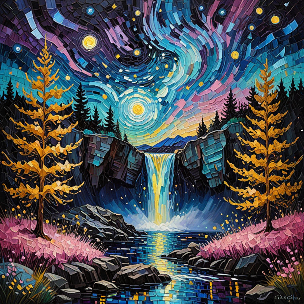 Vibrant Starry Night Waterfall in Impasto Expressionism