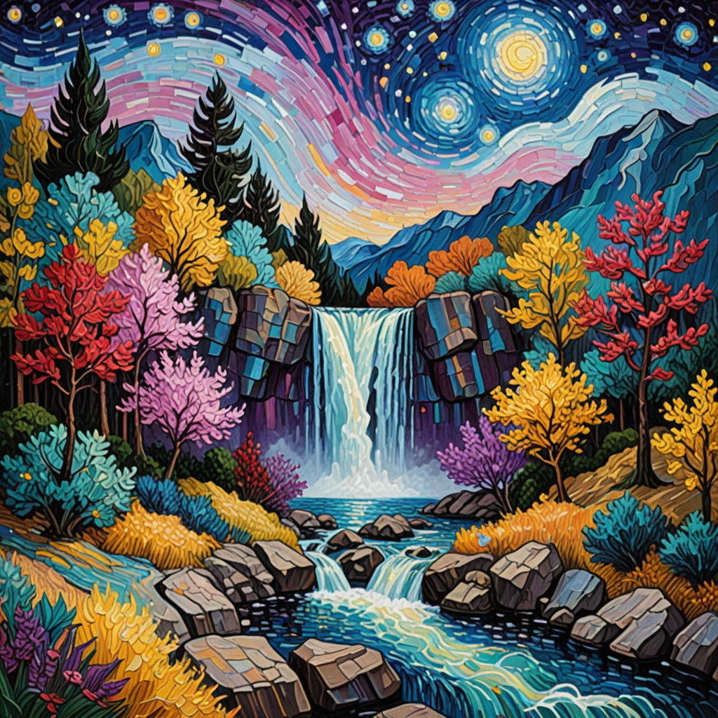 Surrealist Waterfall Landscape in Vibrant Impasto Colors