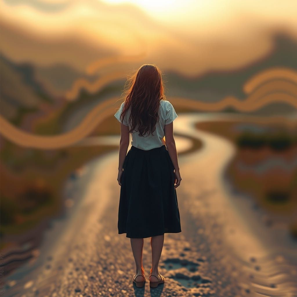 Woman at the Crossroads in Dreamlike Landscape