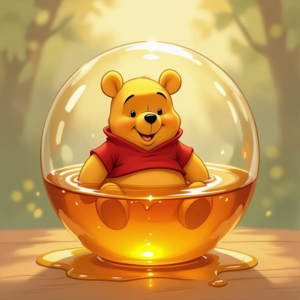 Winnie the Pooh in a Golden Honey Sphere - Storybook Style