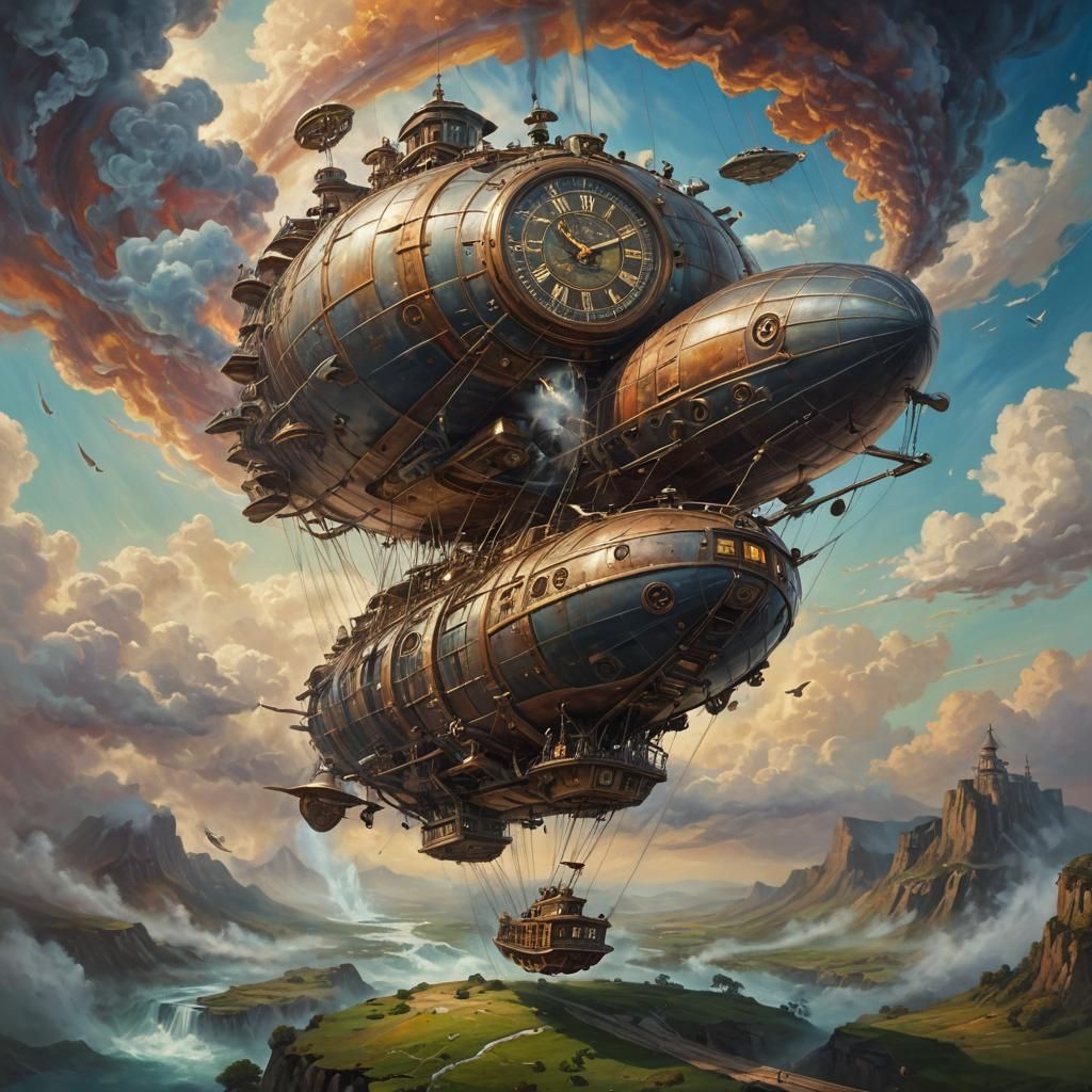 Steampunk Airship Pulled into Vortex: Surreal Oil Painting