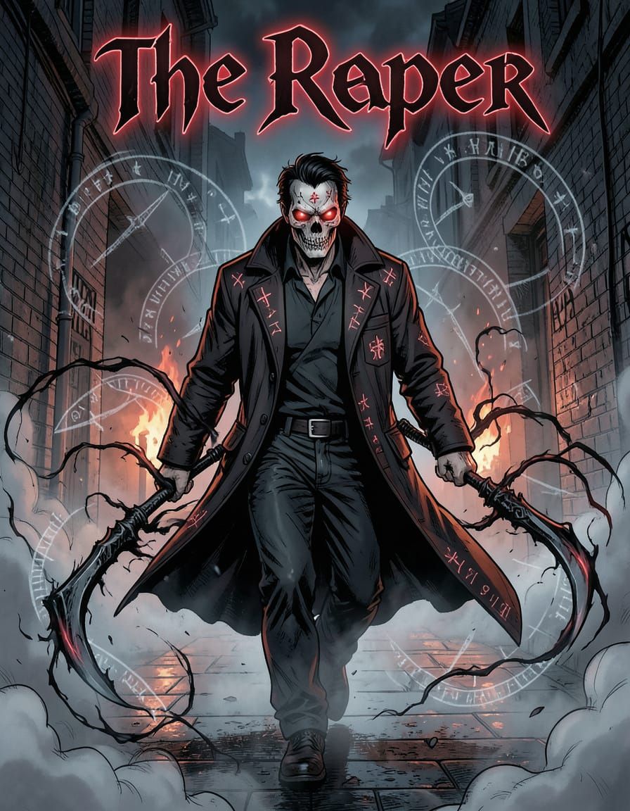 Comic Book Cover: Javier Stalks Foggy Alley in Crimson Glow