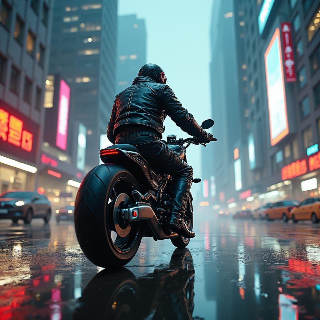 Futuristic Biker Speeds Through Dystopian Cityscape