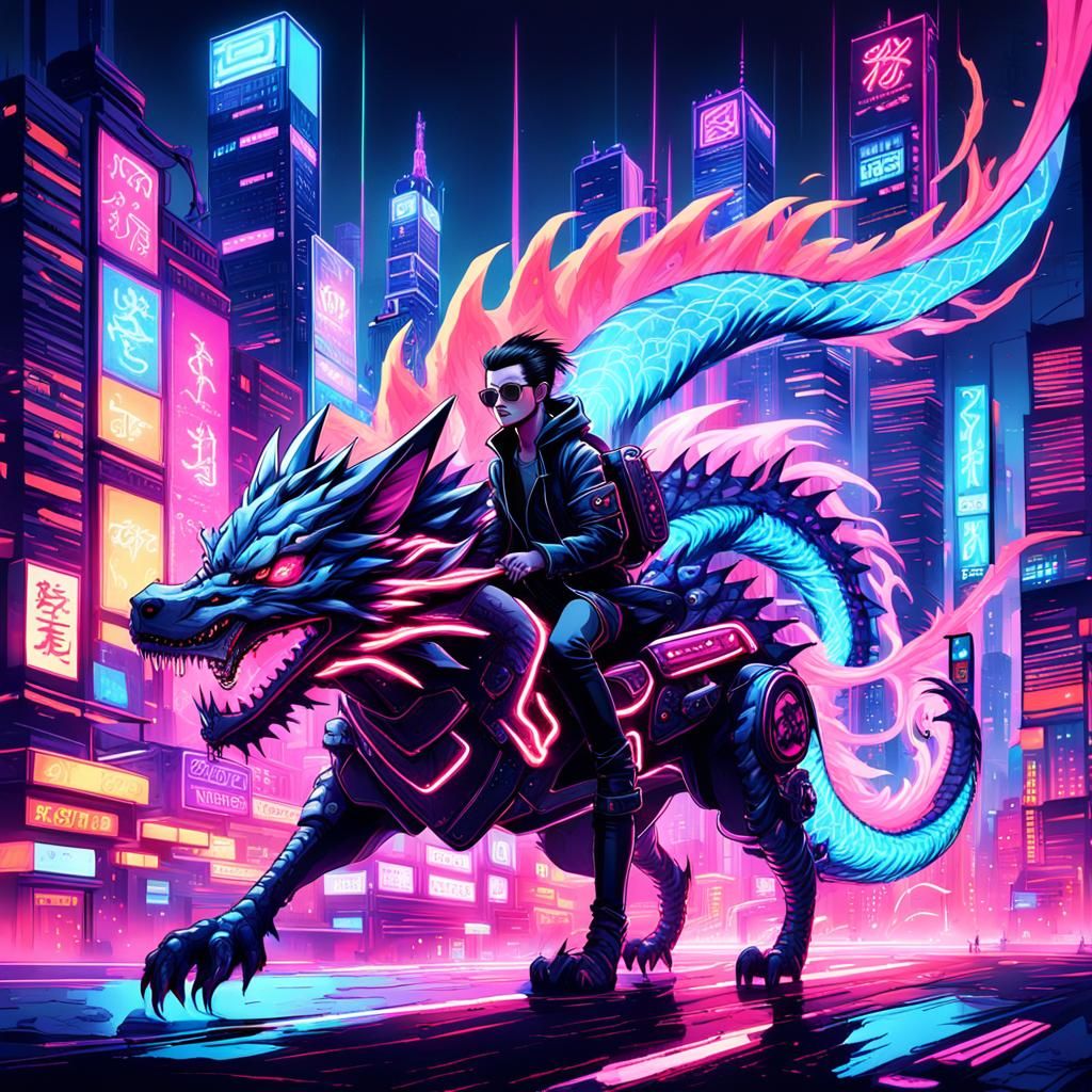 Kitsune Dragon Rider in Cyberpunk Fantasy Style
