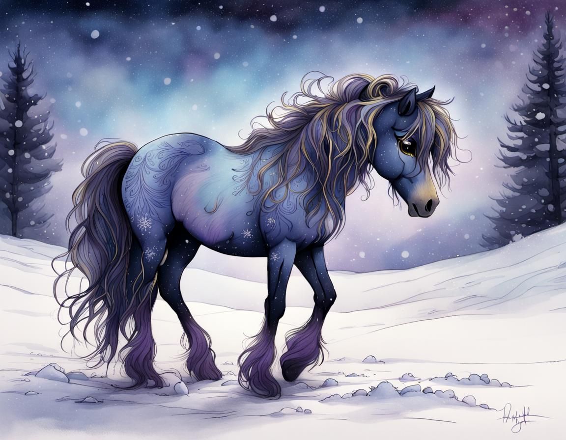 Elegant Ink Drawing of Shaggy Pony in Snow