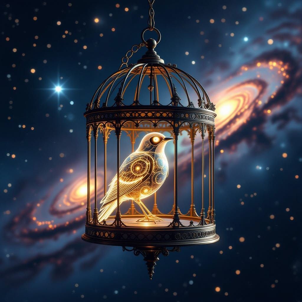Steampunk Clockwork Birdcage in Cosmic Void