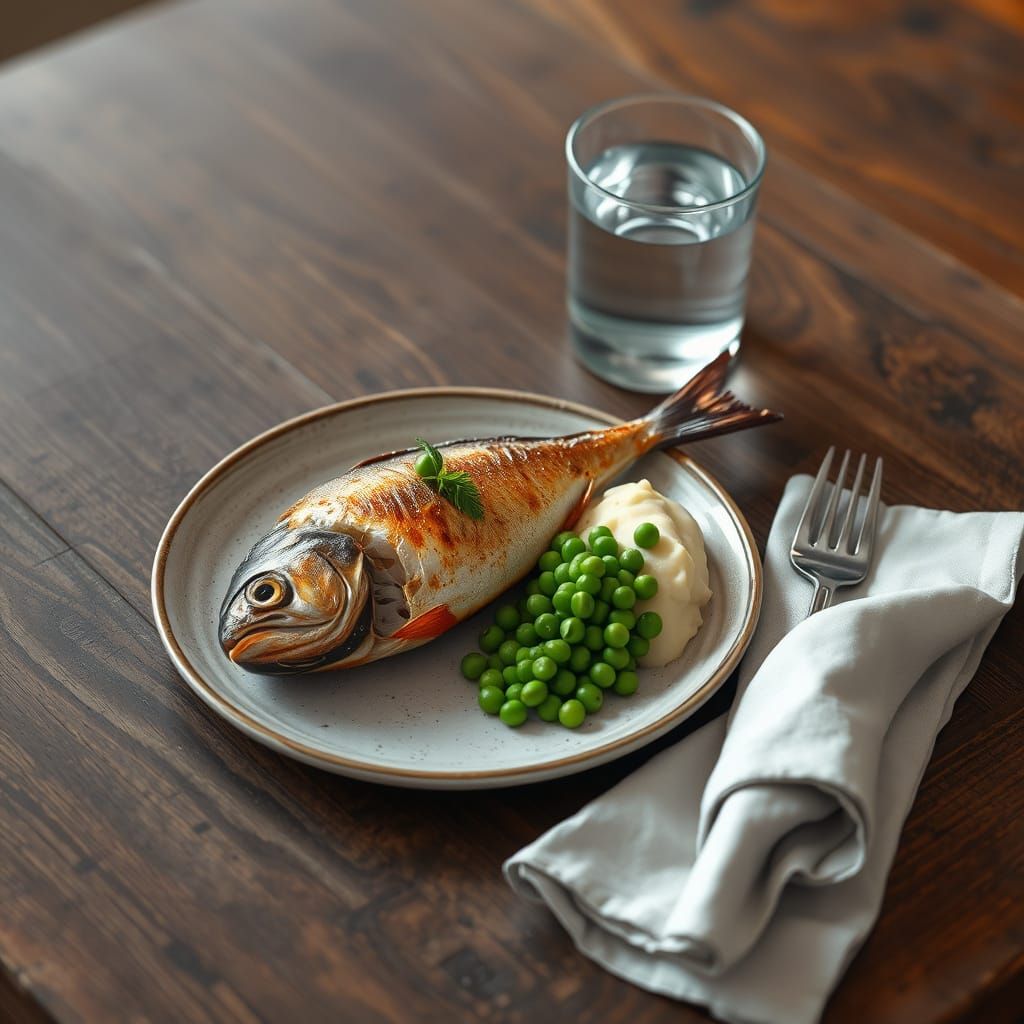 Roasted Fish Dinner in 3D Anime Art Style