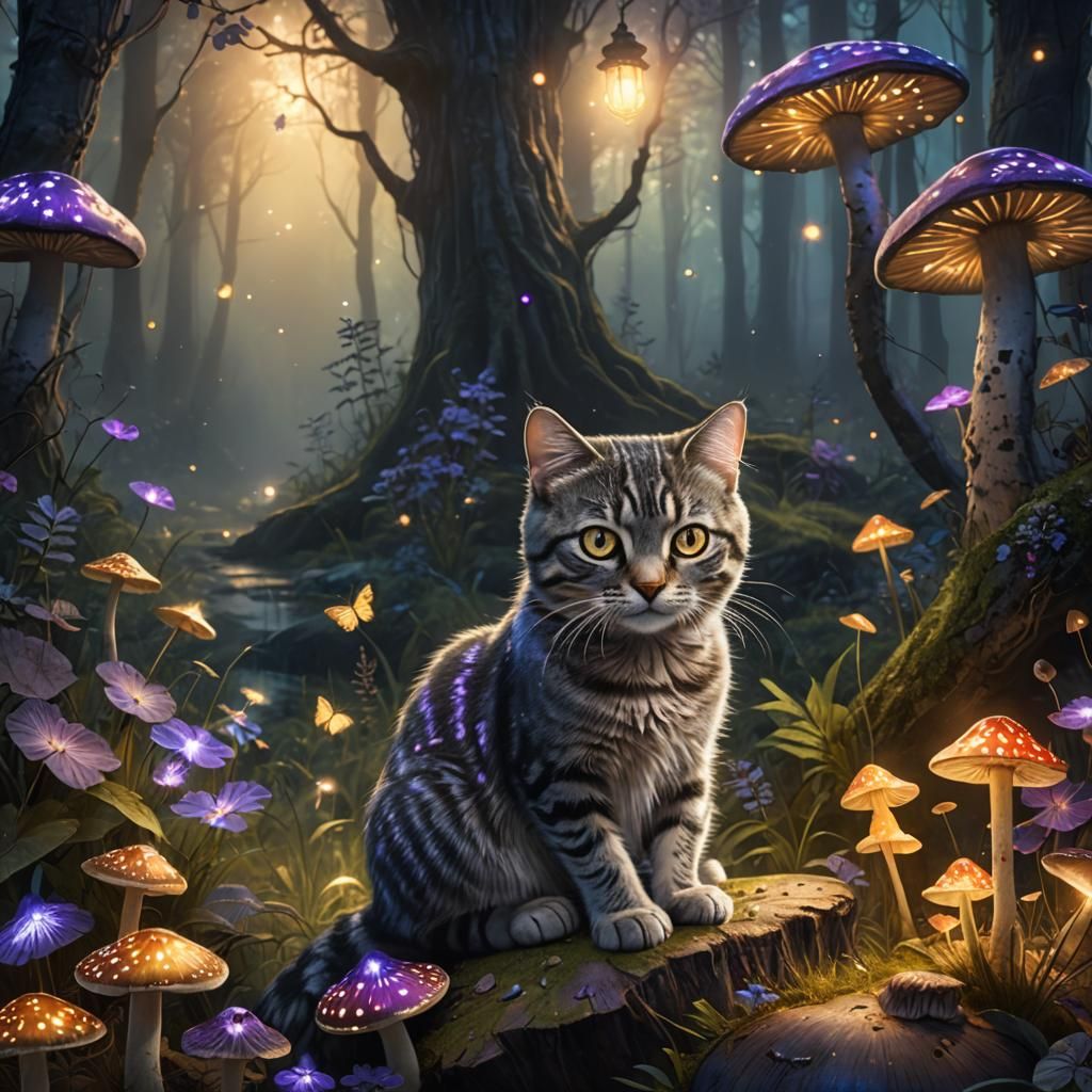 Tabby Cat in Mystical Forest, Art Nouveau Style