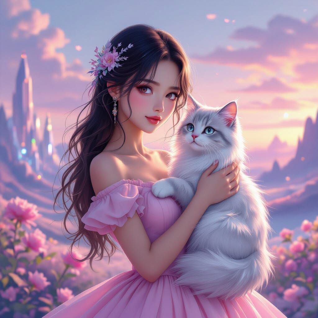 AI Girl and Cat in Futuristic Dreamscape