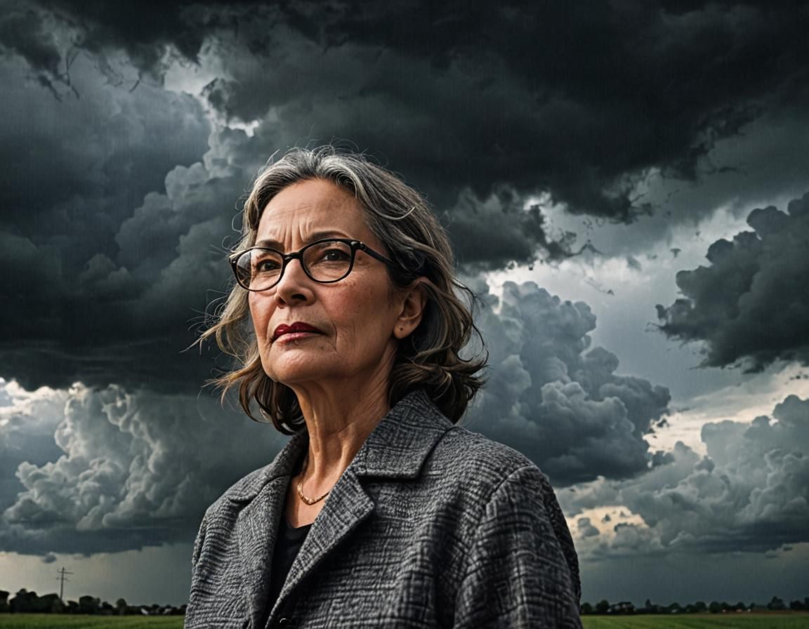 Woman with Glasses Under Dark Clouds
