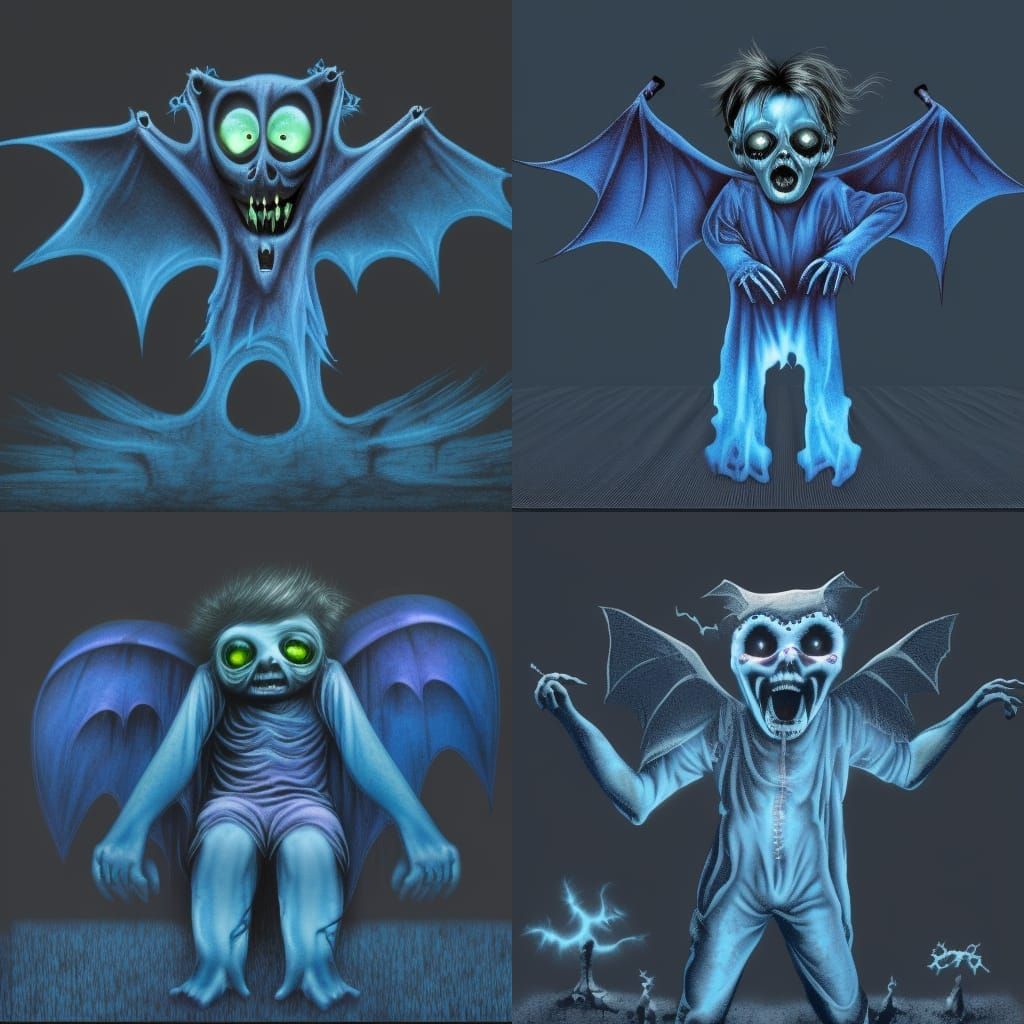 Electric Blue Zombie Bat-Boy in Graphic Novel Style