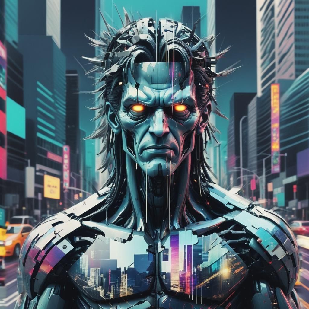 Glitched Digital God in Corrupted Cityscape