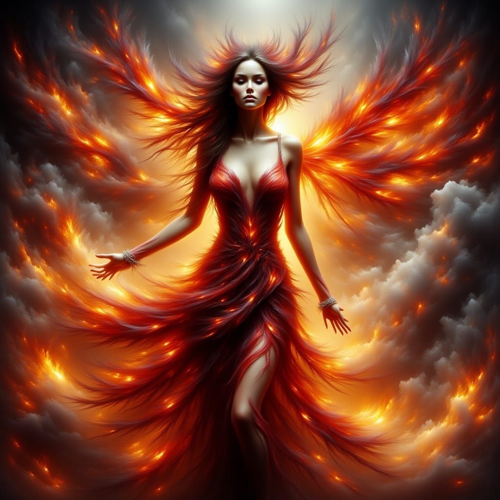 Feminine Phoenix Reborn as Woman in Fiery Dress