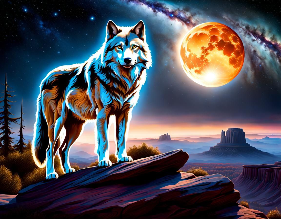 Magical Grey Wolf in Starry Habitat