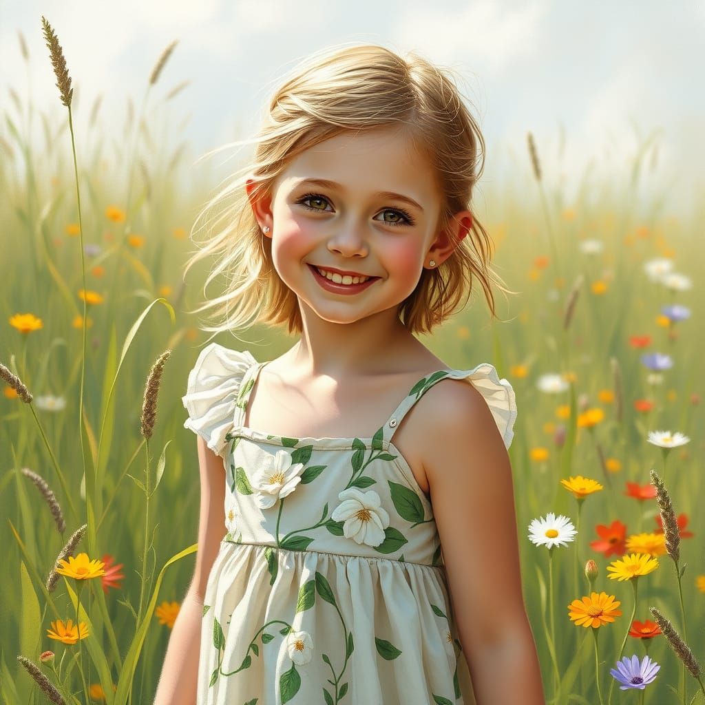 Impressionist Girl in a Lush Meadow