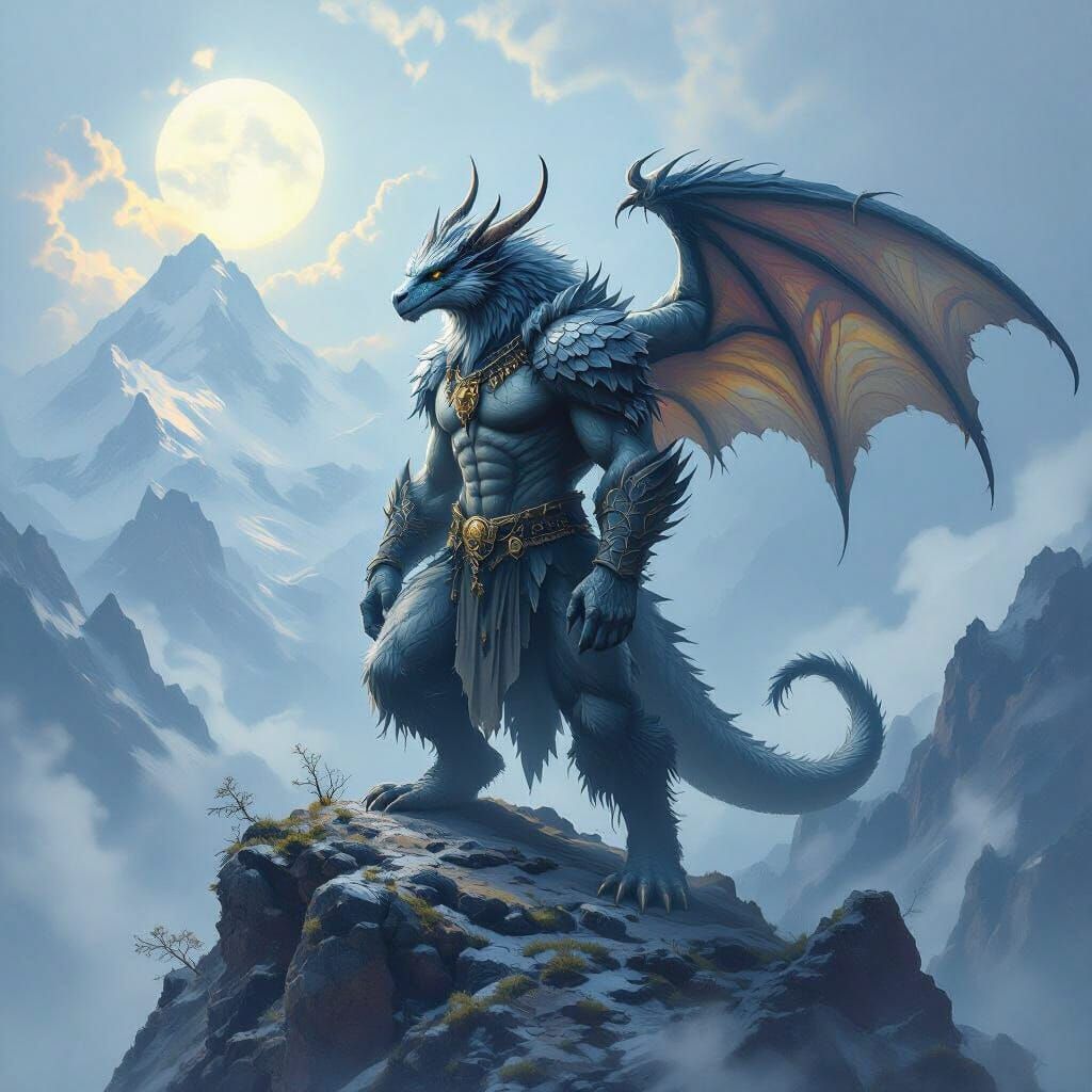 Mythical Hybrid Creature on Misty Mountain Peak