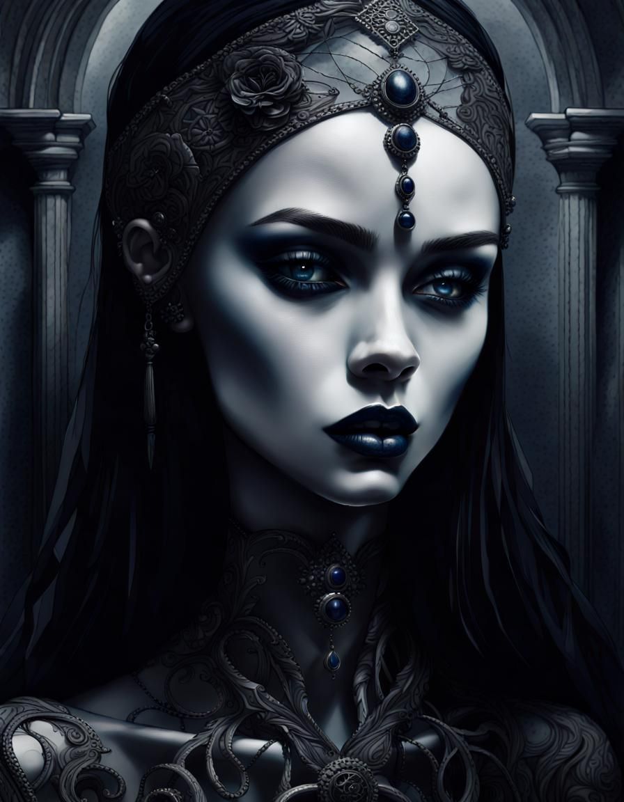 Gothic Noir Portrait of a Woman in Dark Blue