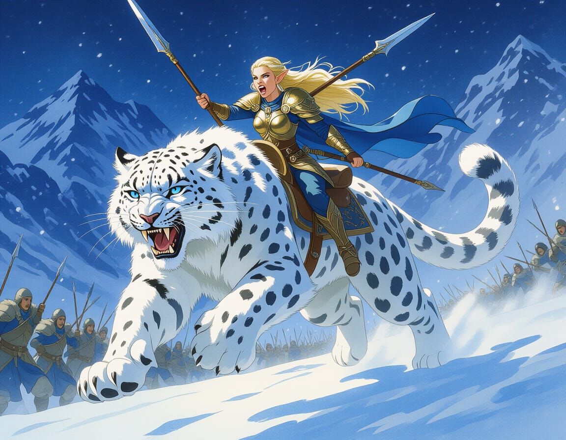 Snow Leopard Rider Elf Warrior in Winter Battlefield