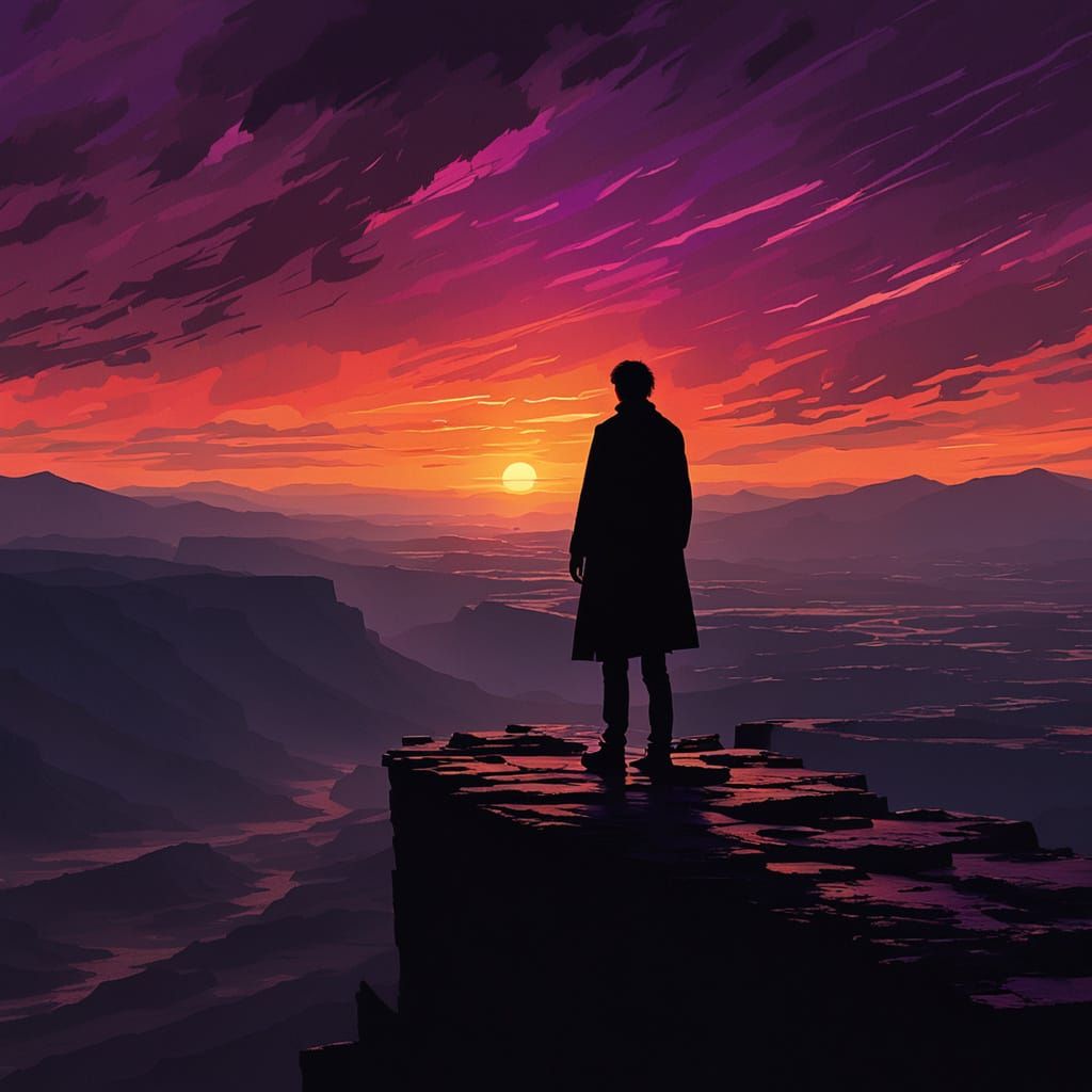 Man on Cliff Edge at Sunset, Cinematic Film Still