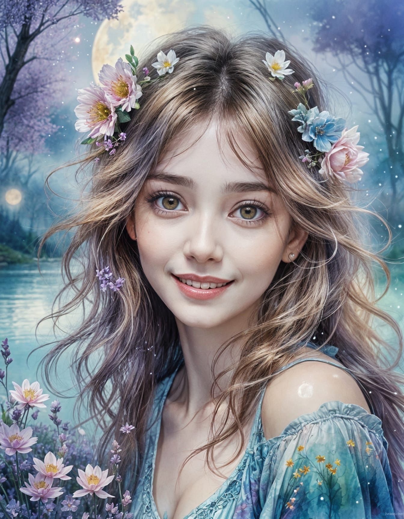 Mystical Portrait of Smiling Woman in Watercolor Style